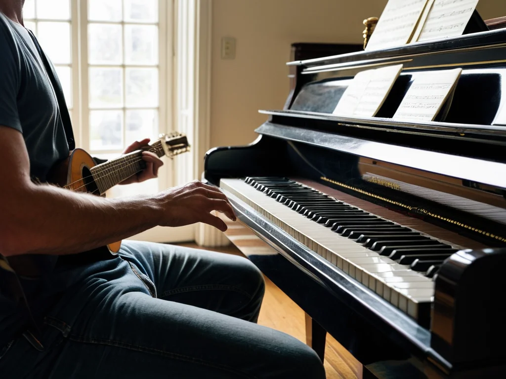 Musician playing guitar and piano to demonstrate rhythm